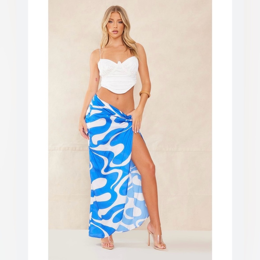 PLT Abstract Blue and White Slit Skirt